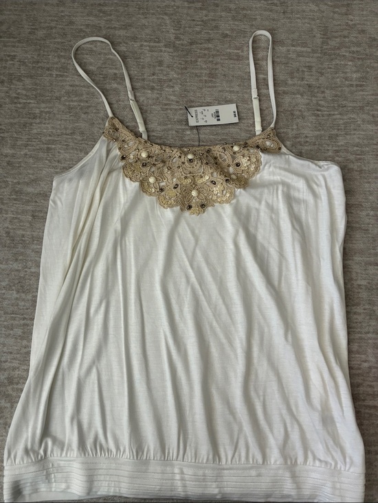Express Tops - Express White Camisole with Gold Lace Appliqué
